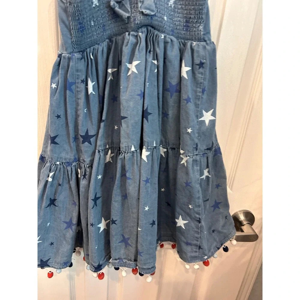 Tommy Bahama Sundress Blue Star Print Tiered Pom Pom Trim Patriotic